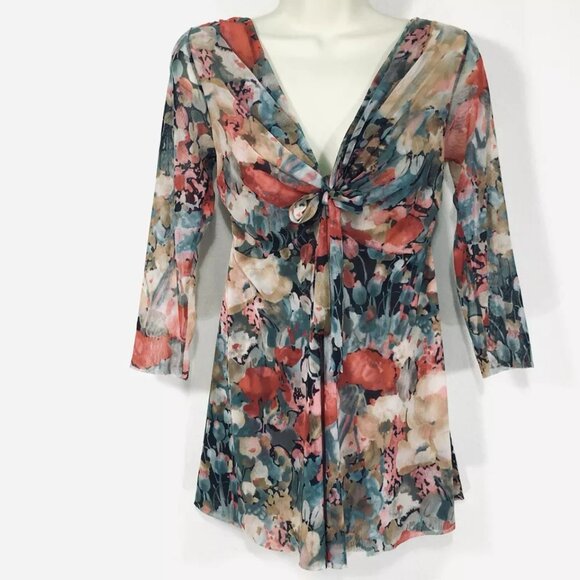 Vintage Y2K Johnny Heaven Mesh Top Sz L Fairy Floral Garden Flowy Stretchy - Picture 5 of 9